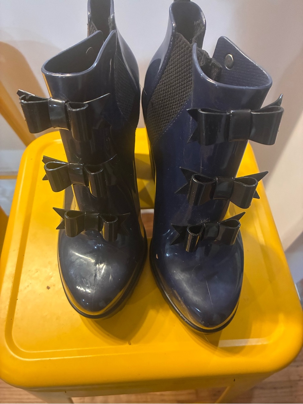 Melissa Navy Glossy Bow-Accent Ankle Boots